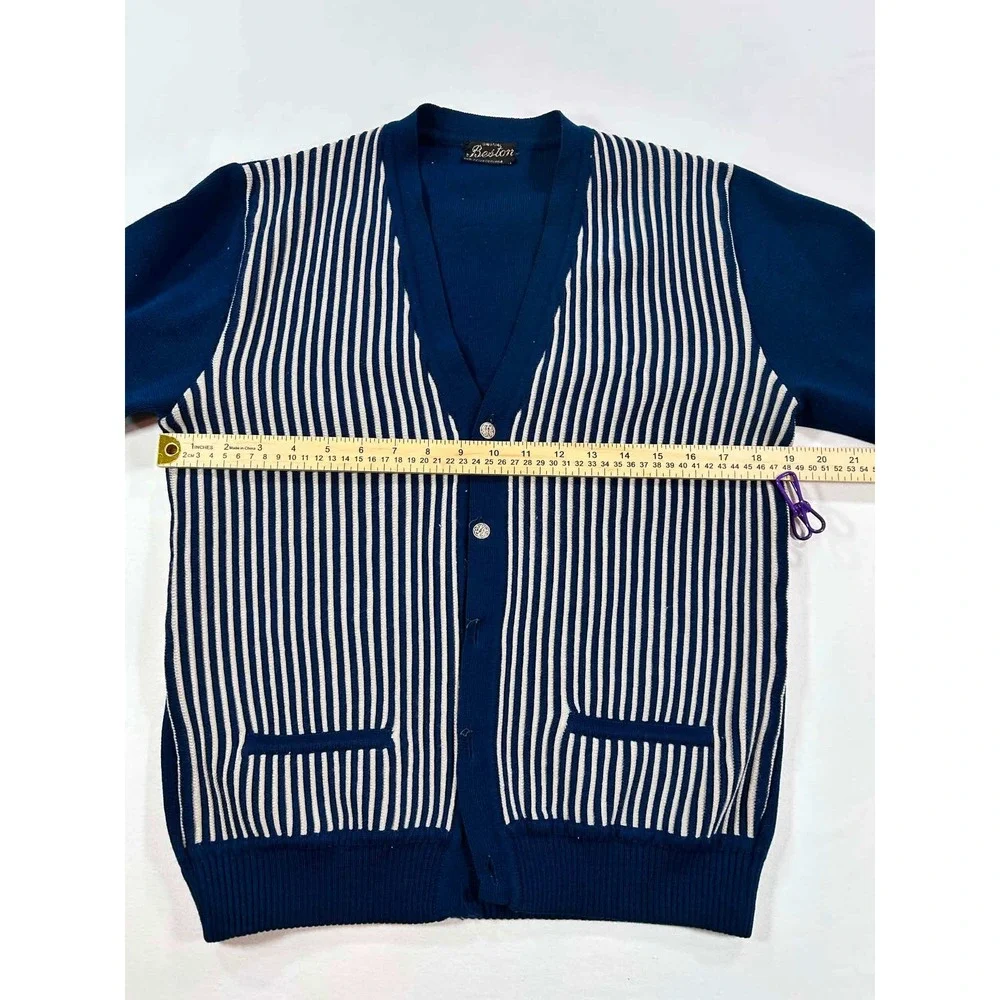 Vintage Beston Blue White Striped Cardigan Sweater V-Neck Button Front Mens M